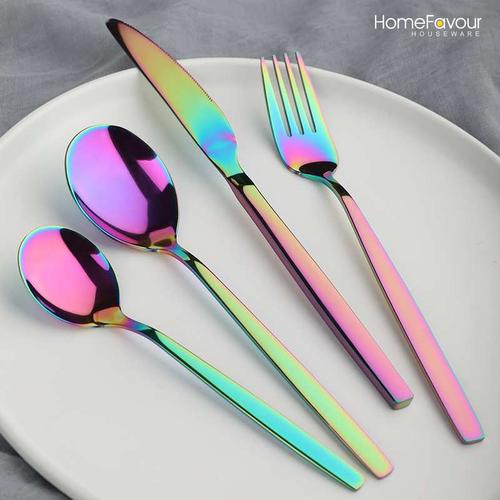 不锈钢餐具 商用彩虹色公勺高颜值搅拌咖啡勺430西餐具刀叉套装