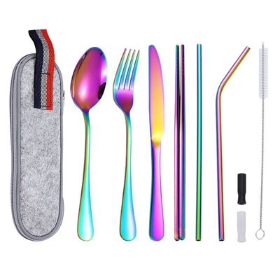 Cross-border Stainless Steel Tableware Straw Set Anti-scratch Silicone Mouth Outdoor Travel Camping