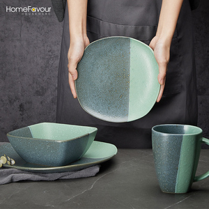 SSQX201948  Reactive Glaze Stoneware Dinnerware Set Service for 4, Grey with Green Metallic Color
